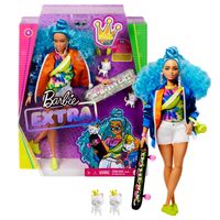 Barbie Extra Puppe mit blauen Haaren und Skateboard, inkl. Haustier