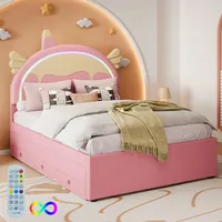 Łóżko dziecięce Ulife łóżko rodzinne łóżko młodzieżowe z wysuwanym łóżkiem, kształt jednorożca z kreskówki, 3 szuflady, 140x200cm/90x190cm, różowe