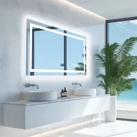 WISFOR LED koupelnové zrcadlo s reproduktorem Bluetooth, 100×60 cm koupelnové zrcadlo s osvětlením 3 barvy světla, LED nástěnné zrcadlo stmívatelné bez mlhy