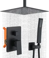 Duschsystem Schwarz Unterputz Homelody，40*40CM Übergroßer Abgehängte Kopfbrause, Shower Duscharmatur Regendusche，Messingkörper，Handbrause Duschraum