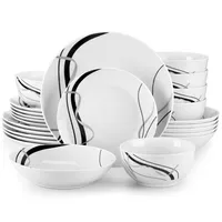 Porcelánový jídelní servis, 24dílná sada nádobí s miskou na těstoviny, miskou na cereálie, dezertním talířem a jídelním talířem, kombinovaný servis pro 6 osob