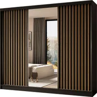 Moderner Kleiderschrank Schwebetürenschrank mit Spiegel und Holzlamellen 100 150 200 cm - Kleiderschrank für Schlafzimmer mit Schwebetüren - Kleiderstange - 240 cm - Schwarz / Artisan Lamellen