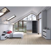 Schlafzimmer-Set Bettgestell Kleiderschrank Nachttisch Kommode Maxima (Weiß/Semigloss Schwarz)