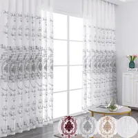Durchscheinende Vorhänge Set 2 Stück Schlafzimmer Transparent Blumen Stickerei Vorhang mit Ösen Voile Gardinen Wohnzimmer Dekoration Grau 140x145cm