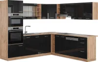 Vicco Eckküche R-Line, 237 x 247 cm ohne Arbeitsplatte, Schwarz Hochglanz/Goldkraft Eiche