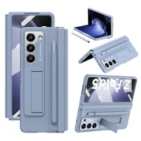 Kožené pouzdro na Samsung Galaxy Z Fold 5 s koženým pantem, ochranou displeje, stojánkem a držákem na stylus modré