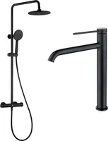 Homelody Schwarz Wasserhahn Bad Badarmatur mit hohe Ausflauf, Duschsystem Regendusche mit Thermostat 40℃ inkl. verstellbar Duschstange und Handbrause