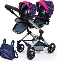 Bayer Design 26254AA Zwillingspuppenwagen Twin Neo mit Tasche, schwenkbare Vorderräder, integrierter Korb, Sitze einzeln steckbar, blau, rosa, Einhorn