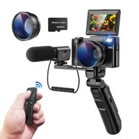 Fine Life Pro 4K Videokamera Camcorder Digitalkamera, 48MP Fotokamera, 16x Digitalzoom Vlogging Kamera mit Stativ und Mikrofon, Kompaktkamera mit 32GB TF-Karte