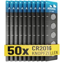 ABSINA CR2016 Knopfzelle 50er Pack - CR 2016 Knopfzelle 3V auslaufsicher & lange Haltbarkeit - Batterie CR2016