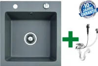 [Granitspüle 48x50 verschiedenen Farben]Hochwertig beidseitig Montierbar Küchenspüle Eckig Einbaugranitspüle Granit Spülbecken f. Unterschränke ab 45 cm inkl.Siphon Set, Farben:Grau