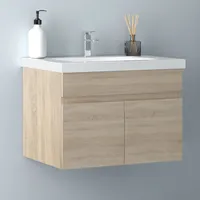 60 cm Waschtisch mit Unterschrank Badmöbel Set mit Waschbecken Mineralguss Gäste WC Eiche Matt