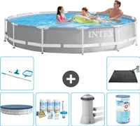 Bazén Intex s kulatým hranolovým rámem - 366 x 76 cm - šedý - obsahuje kryt - balíček pro údržbu - filtrační čerpadlo pro bazén - filtr - čisticí sada - solární podložka