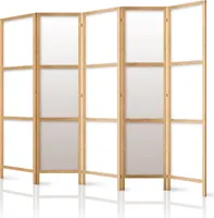 Paravent XXL 225x171 cm - 5-teilig - Deutsches Qualitäts Vlies - Leinwand - eleganter Sichtschutz - Raumteiler - Trennwand - Raumtrenner - Holz - Weiß - Deko - Japan p-A-0009-z-c