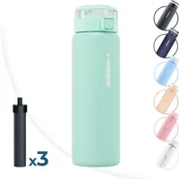 Wessper Wasserfilterflasche, Trinkflasche Aus Borosilikat Glas 680 Ml, Bpa Frei Wasserflasche Mit Filter Für Kohlensäurehaltige Getränke | Filterflasche Outdoor, Aktivkohle Filter Strohhalm- Minze + 3