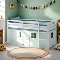 Homestyle4u Kinder Hochbett 90x200 mit Lattenrost Vorhang Grün Kinderbett Weiß Holz Kiefer Massiv Kinderhochbett Stockbett