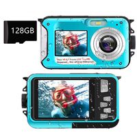 Digitální fotoaparát Fotoaparát 2,7K Full HD 48MP 16X digitální zoom Selfie Dvojitá obrazovkaNabíjecí podvodní fotoaparát s 128G kartou pro šnorchlování Modrý