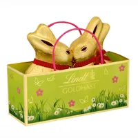 Lindt Oster Freuden zwei Goldhasen Hohlfiguren mit Tasche 100g