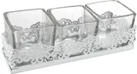 3 Teelichthalter Glas + Metalltablett 17x5x5cm Windlicht Windlichter Kerzenglas
