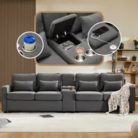 Nowoczesna 4-osobowa sofa Sweiko z lnianej tkaniny z konsolą, 2 uchwytami na kubki, 2 portami USB do ładowania za pomocą kabla, z kieszeniami na podłokietnikach i 4 poduszkami, prosta sofa do salonu, domu, biura