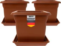 3er Set - Eckige Pflanzkübel mit Untersetzer, 28x28 cm, Übertopf Groß, Hochwertiger Blumentopf & Blumenkasten, Terracotta