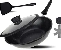 DIVORY Wok Pfanne 30cm mit Deckel - abnehmbarer Stielgriff, induktionsgeeignet, Antihaftbeschichtung, Induktion inkl. Wok-Spatel & Pfannenschoner