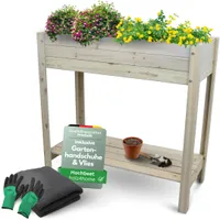 holz4home® Hochbeet inkl. Vlies-, Einlegevlies Naturholz Tanne Grauweiß | 80x37x78 cm I Hochwertiges Tannenholz I Gartenbeet Pflanzkasten Blumenbeet