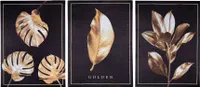 3er Set Wandbilder 30x40cm Blätter Schwarz Gold Wanddeko Monstera Leinwand Deko
