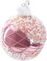 BRUBAKER Premium Weihnachtskugel Rosa mit Schwan Figur - Von Hand dekorierte Baumkugel aus Glas - 10 cm Christbaumschmuck