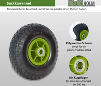 Sackkarrenrad Vollgummi 260x85 mm 3.00-4 Nabenlänge 60 mm PolyurethanSackkarre Ersatzrad Rad Reifen grün