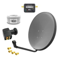 ARLI 60 cm HD Sat Anlage grau + Quad LNB + 20m Kabel + Satfinder + 4x F-Stecker vergoldet