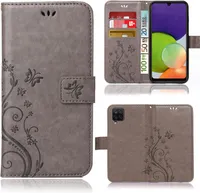 Handy Tasche für Samsung Galaxy A22 5G  Schutz Hülle Handyhülle mit Blumenmuster Klapp Hülle mit Standfunktion und Kartenfächer Grau
