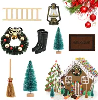 Miniatur Wichtel Set, Weihnachten Puppenhaus Zubehör, Wichteltür Weihnachten Set, DIY Weihnachten Puppenhaus-Set, Stiefel Laterne Weihnachtsbaum Dekokranz Holzleiter Wichtelbesen Verzierungen