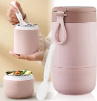 Müslibecher Becher, 730ml Doppelschicht Müslibecher mit Löffel, Auslaufsicherer thermo Lunchbox Edelstahl behälter (Rosa)