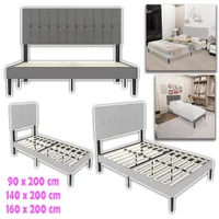 Łóżko tapicerowane XMTECH 160 x 200 cm, rama łóżka ze stelażem listwowym, łóżko młodzieżowe, łóżko podwójne z zagłówkiem z tkaniny lnianej, jasnoszare