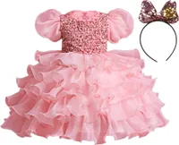Puffärmel Kinderkleid Mädchen Geburtstag Blume Pailletten Tanzshow Prinzessin Kleid mit Stirnband Rosa-130CM