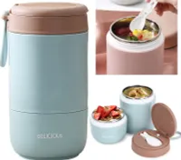 730ml Müslibecher to Go Becher, Doppelschicht Müslibecher mit Löffel, für Kinder Erwachsene, Edelstahl thermo Lunchbox, Thermobehälter, (Blau)