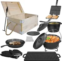NAIZY BBQ Dutch Oven, příslušenství ke grilování s grilovací deskou, pánví, kastrolem, litinovým vaflovačem, zvedákem víka a rukavicemi, 12dílná sada, litinový hrnec na pečení 3,6 litru v dřevěné krabici