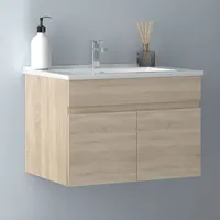 60 cm Waschtisch mit Unterschrank Badmöbel Set mit Waschbecken Keramik dünn Gäste WC Eiche Matt