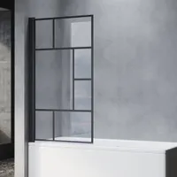 SONNI Badewannenaufsatz faltbar Schwarz 80x140cm NANO Glas ESG 6mm Duschabtrennung für Badewannen--Gitterdesign