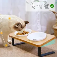 Katzen-Futternäpfe, Futternapf, Katzennapf mit 2 Näpfe aus Keramik, 10° Neigungs-Futterstation, Hundenapf mit Holzständer, Trinknapf