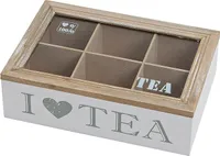 Aufberahrungskiste für Teebeutel, in sechs Fächer unterteilt, mit Sichtfenster, Holz/MDF, mit Aufschrift "I love Tea"