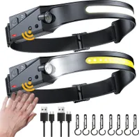 2*LED čelovka, senzorová čelovka s USB dobíjením, IPX4 vodotěsná, 230° ultra široký úhel 350LM s 8 klipy černá