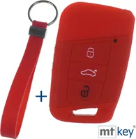 Auto Schlüssel Silikon Schutz Hülle + Schlüsselband Rot Kompatibel mit VW Passat B8 Arteon Skoda Kodiaq 3 Tasten KEYLESS SMARTKEY