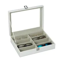 TsunNee Kunstleder Brillen Aufbewahrungsbox, 6 Slot Brillen Organizer mit  Druckknopf, Brillenvitrine mit eingebautem Spiegel, Schwarz