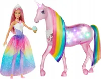 Barbie Dreamtopia GWM78 – Magie der Lichter mit Regenbogenmähne, Prinzessin + Rosa Einhorn mit Lichteffekten