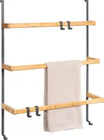 eluno Tür-Hängeregal aus Metall und Bambus, Tür-Handtuchhalter mit 3 Handtuchstangen, 4 praktischen Haken, zum Einhängen ohne Bohren, grau