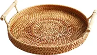 Runder Rattan Serviertablett Gewebtes Rattan-Tablett mit Griffen fuer Cracker-Dinnerpartys Kaffee-Fruehstueck (S )
