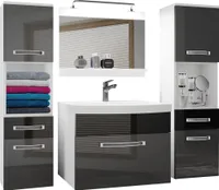 BELINI Badmöbel Vollausstattung Set Waschbeckenschrank, 2x Hochschrank, Waschbecken, Spiegel, Lampe (Silber/ Schwarz, Glänzend)