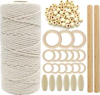 Garn-Set, natürliches Spitzenseil, Spitzengarn, 3 mm x 109 Yards, 56 Stück Holzperlen, 15 Stück Holzringe, 2 Stück Holzstäbchen für Wandbehang-Bastela